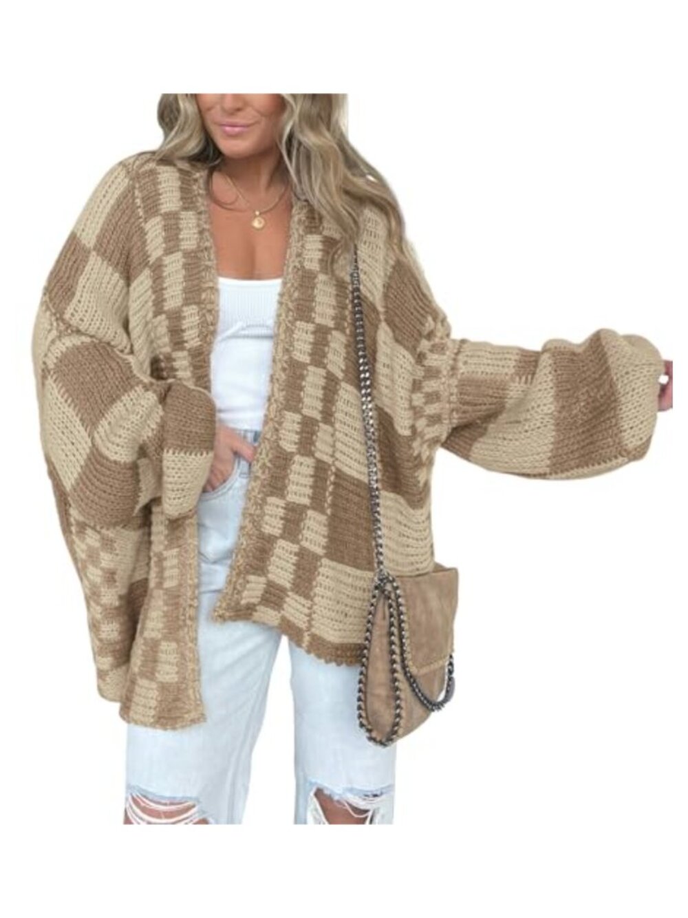 Women's Checkered Open Front Cardigan Ribbed Knit Loose Fit Long Sleeve Sweater